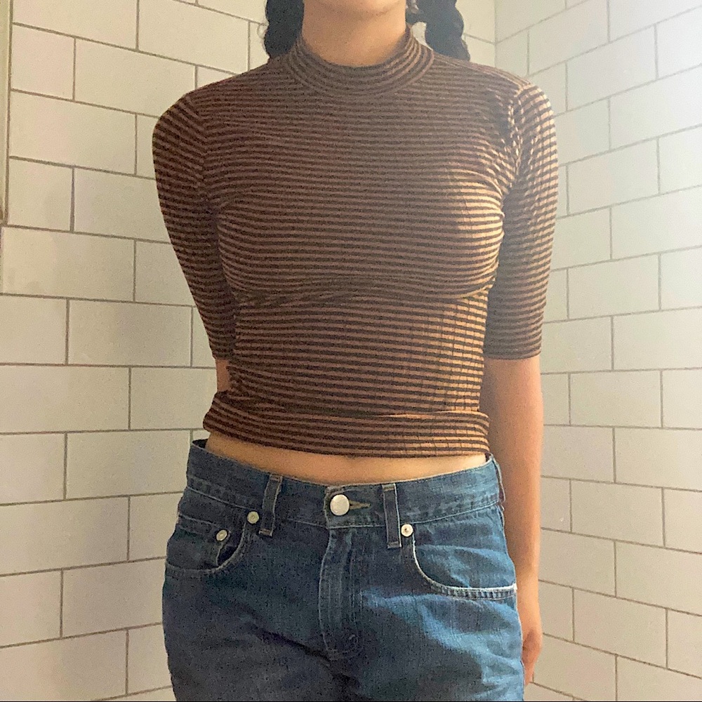 Brown and Black Striped Half Sleeve Mock Neck